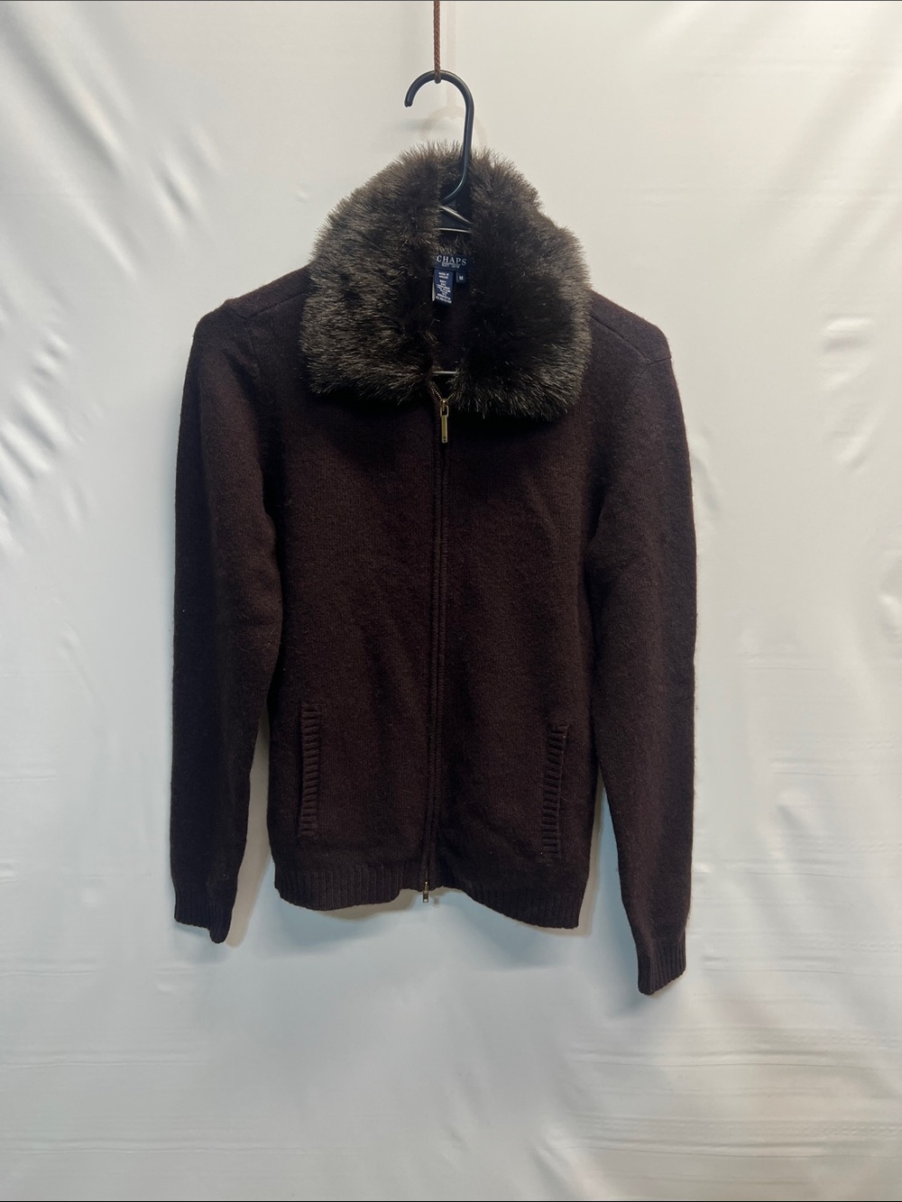 Chaps Brown Lambswool Blend Zip Cardigan Faux Fur Collar Size M